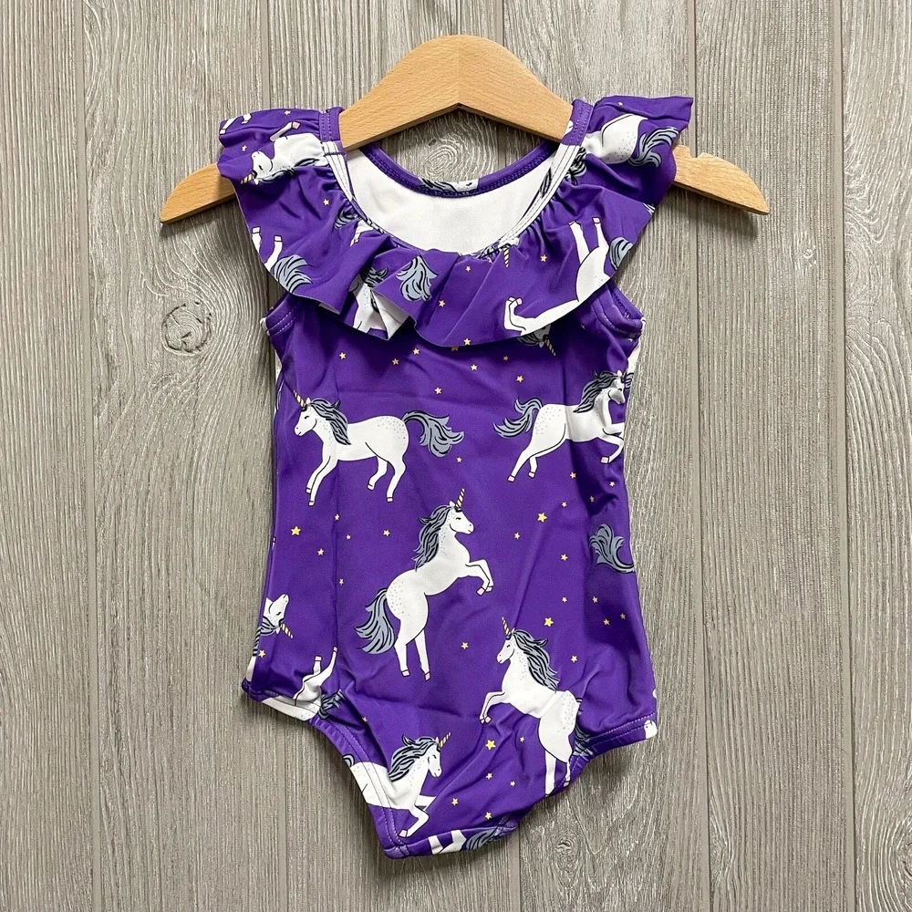 NEW Hanna Andersson Girls‎ 80 18-24 Mos Swimsuit Purple Ruffle Unicorn One Piece